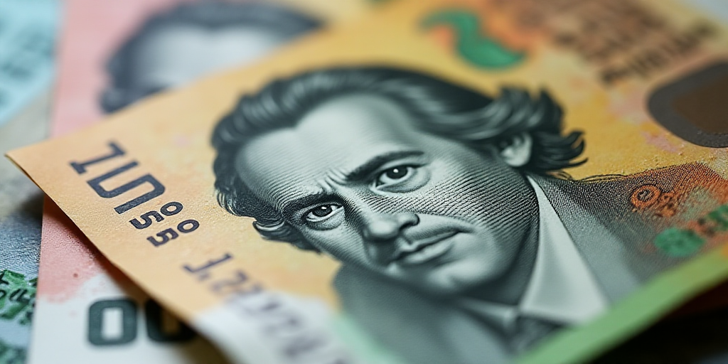 a mexican currency with a portrait of a man on it and a pile of bills in the background with a few b