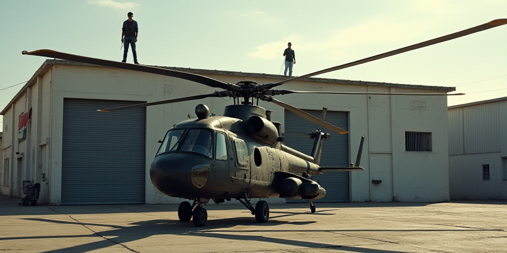 a military helicopter parked in front of a building with a flag on it's side and a man standing on t
