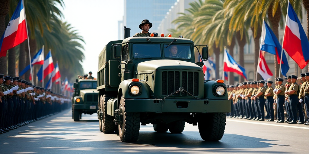 a military parade with a military vehicle driving down the street with people in uniform on the side