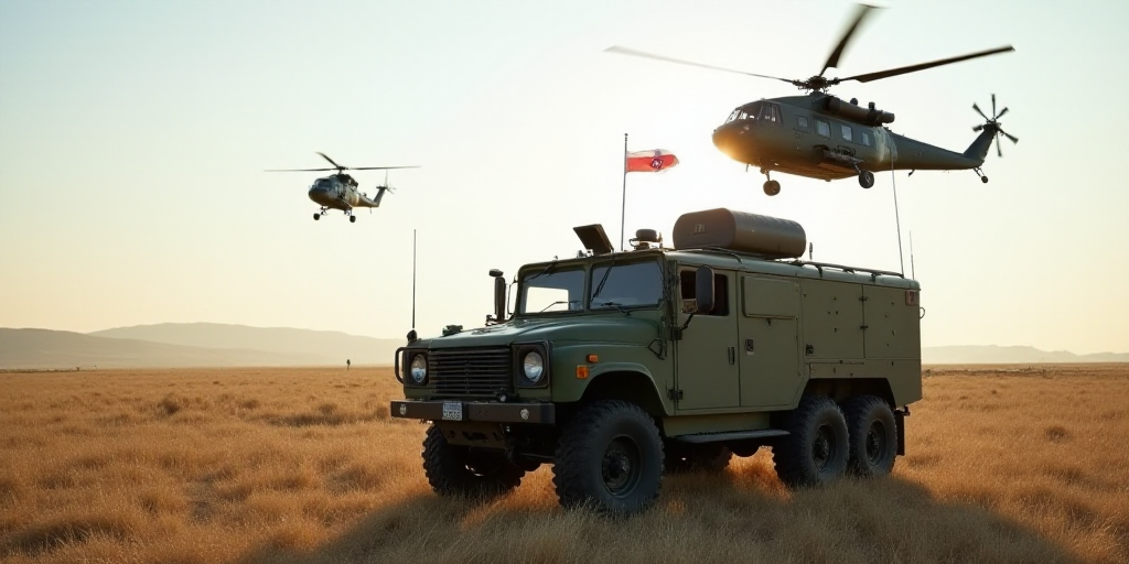 a military vehicle parked in a field with a helicopter flying overhead in the background and a flag