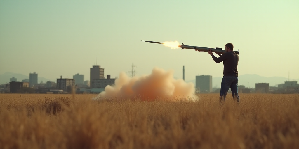 a missile is being fired by a man in a field with buildings in the background and a city in the dist