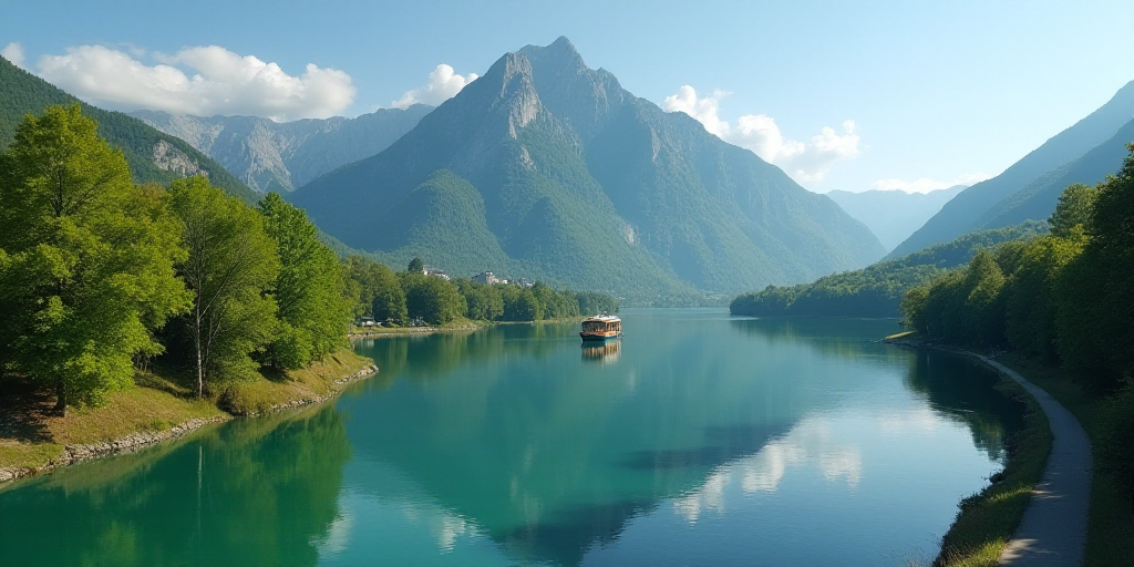 a mountain with a lake in the middle of it and a boat in the water below it on a sunny day, Bela Či