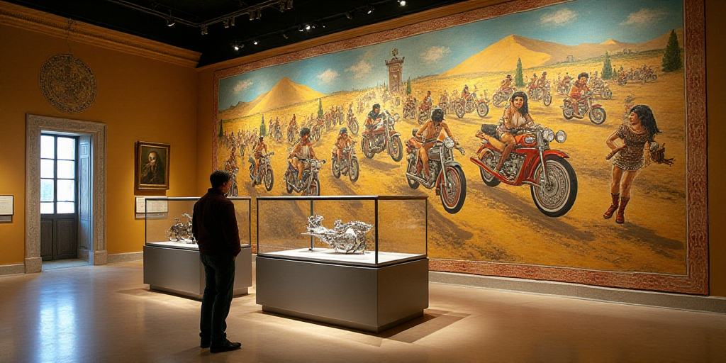 a museum with a large mural of people riding motorcycles and other things on display in a museum cas