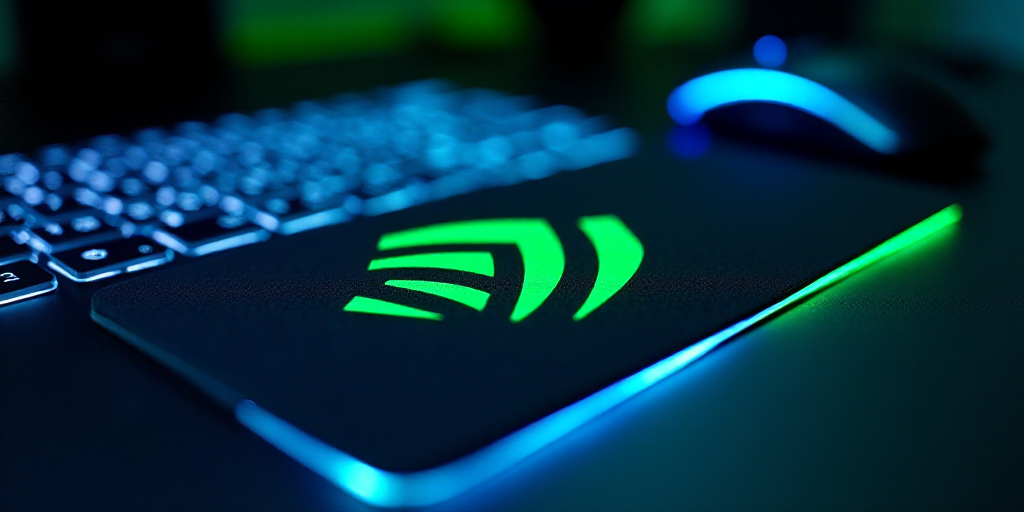a nvidia logo on a computer keyboard and mouse pad with a blue background and a green and black logo
