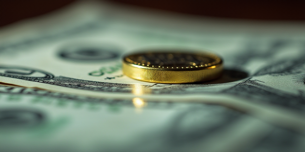 a one dollar bill with a gold and silver coin on top of it, with a reflection on the table, Aquirax