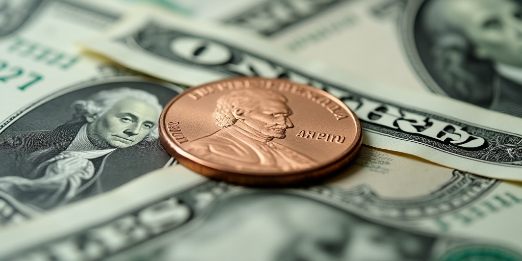 a one dollar bill with a penny on top of it, with the image of george washington on it, Benjamin Fra