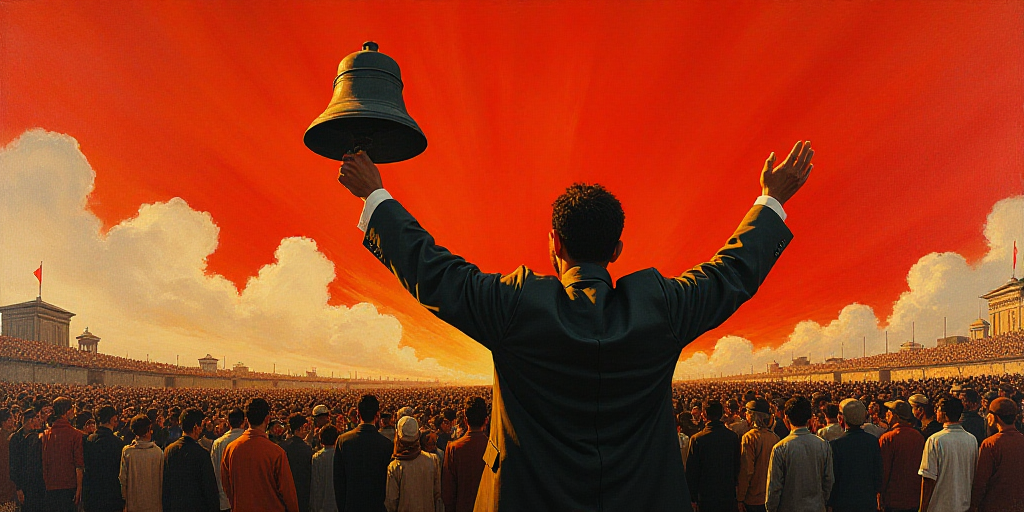 a painting of a man holding a bell with a crowd of people in the background behind him and a red sky