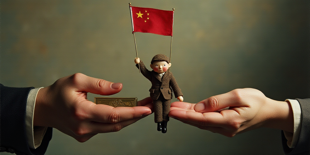 a pair of hands holding a puppet like object with a flag on it and a box on the other hand, Cui Bai,