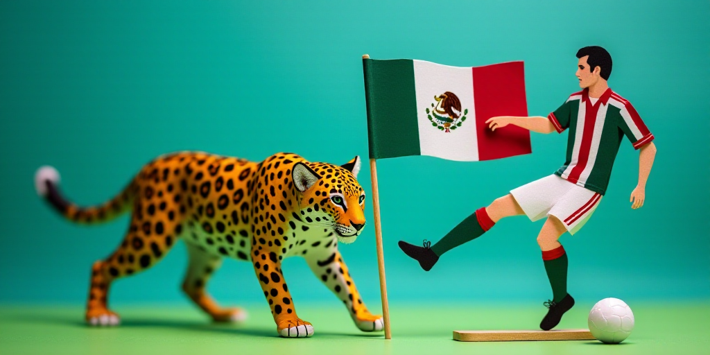 a paper doll of a jaguar and a soccer player in mexico and mexico flags on a green and blue backgrou