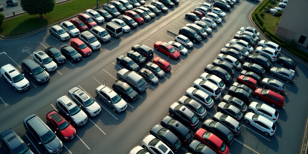 a parking lot filled with lots of parked cars next to each other on top of a parking lot next to a p