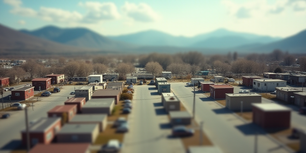 a parking lot with many small buildings in it and a fenced in area behind it with mountains in the d