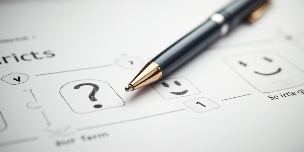 a pen is sitting on top of a sheet of paper with a question mark on it and a smiley face drawn on it