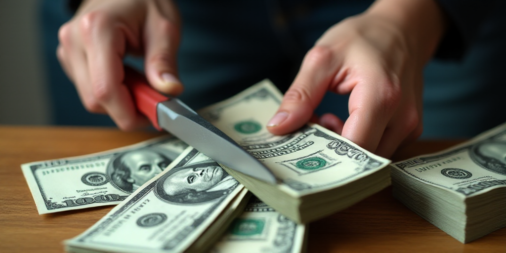 a person cutting a bundle of money with scissors and a pair of hands holding scissors and a stack of