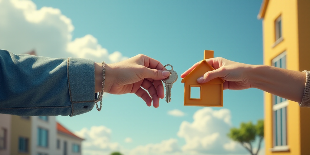 a person handing a house key to another person's hand outside a building with a sky background and c