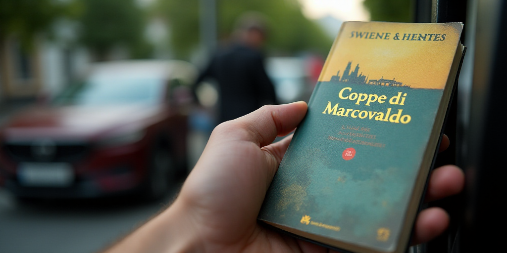 a person holding a book and a cell phone in their hand and a car in the background with a person hol