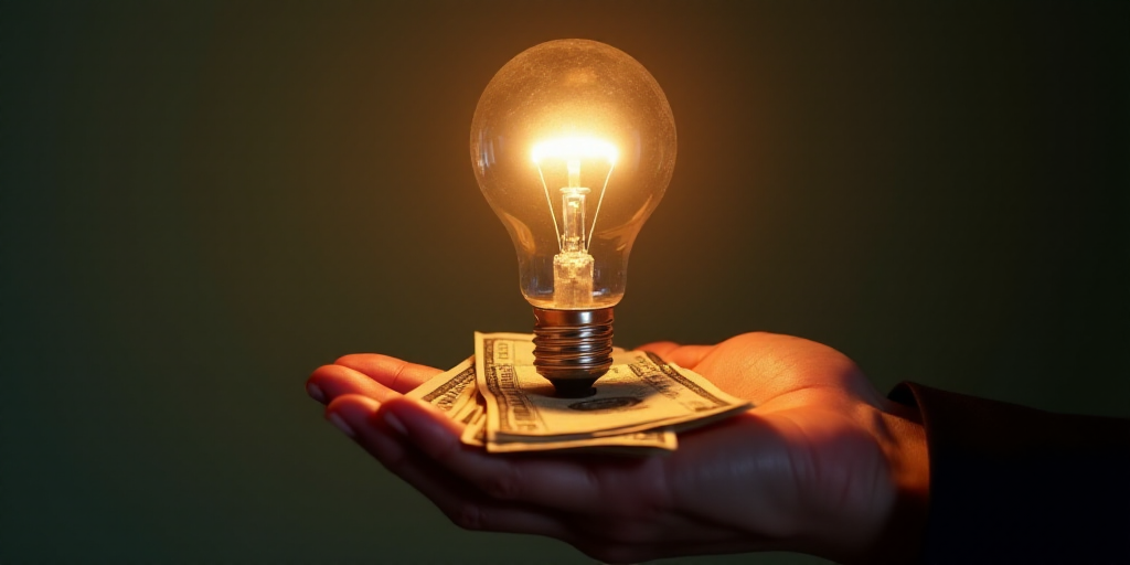 a person holding a bunch of money in their hand with a light bulb in the background with a lit up li