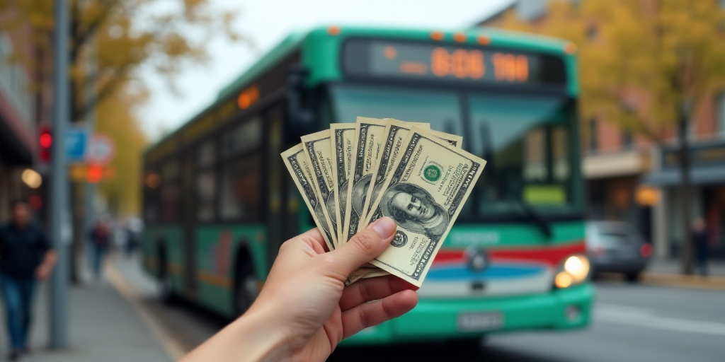 a person holding a bunch of money in their hand in front of a bus on the street in the city, Emilian