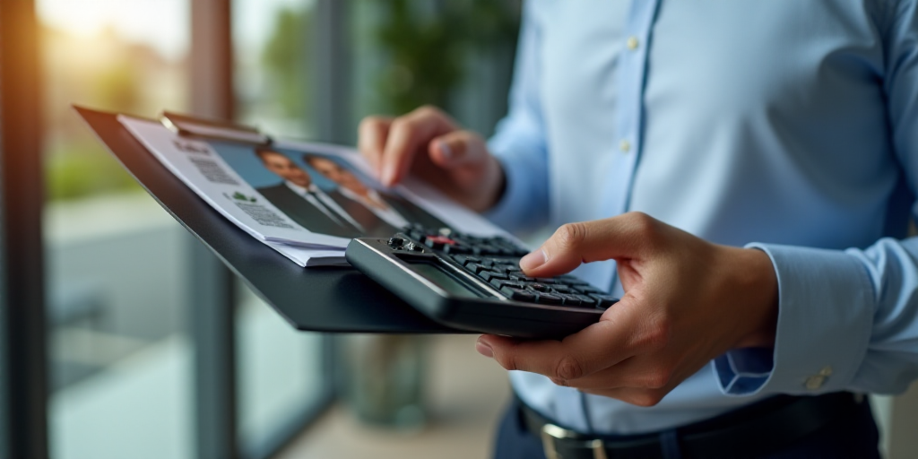 a person holding a calculator and a clipboard with a picture of a man and woman in the background, B