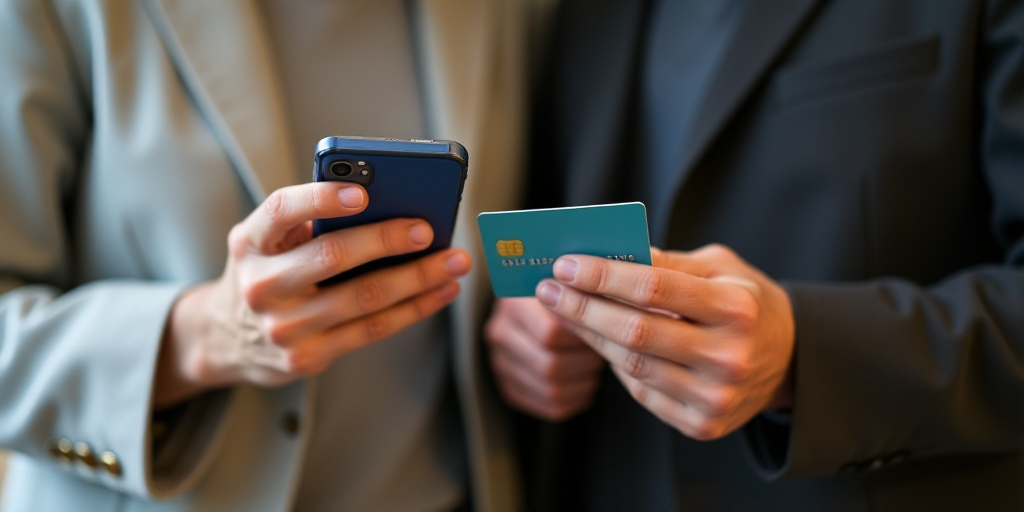 a person holding a cell phone and a credit card in their hands, both of them are both holding a cred