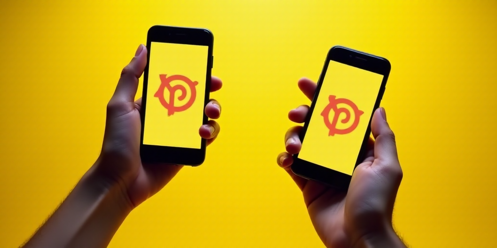 a person holding a cell phone with a logo on it's screen and a hand holding a cell phone with a logo