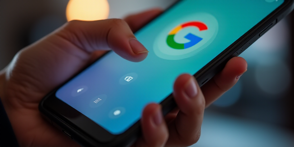 a person holding a cell phone with the google logo on it's screen and a hand touching the screen, Aq
