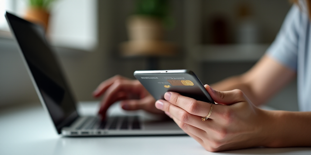 a person holding a credit card and a cell phone in their hands while sitting at a table with a lapto