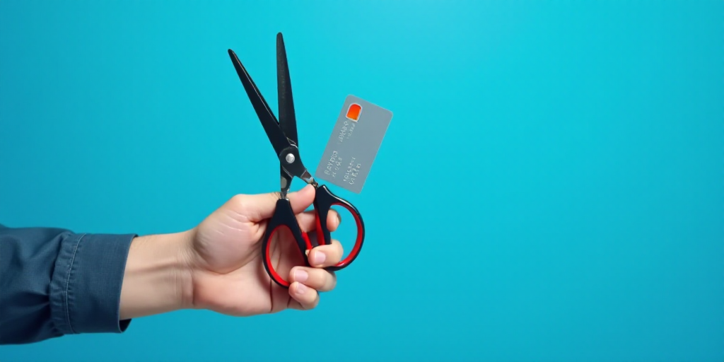 a person holding a credit card and a pair of scissors in their hand, against a blue background,, And