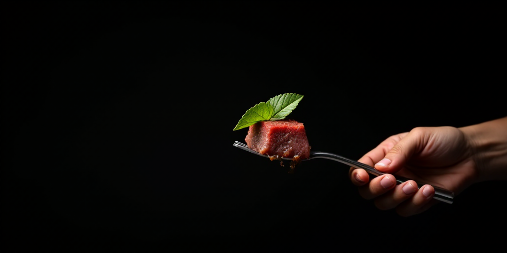 a person holding a fork with a piece of meat on it and a leaf on top of it, with a black background,