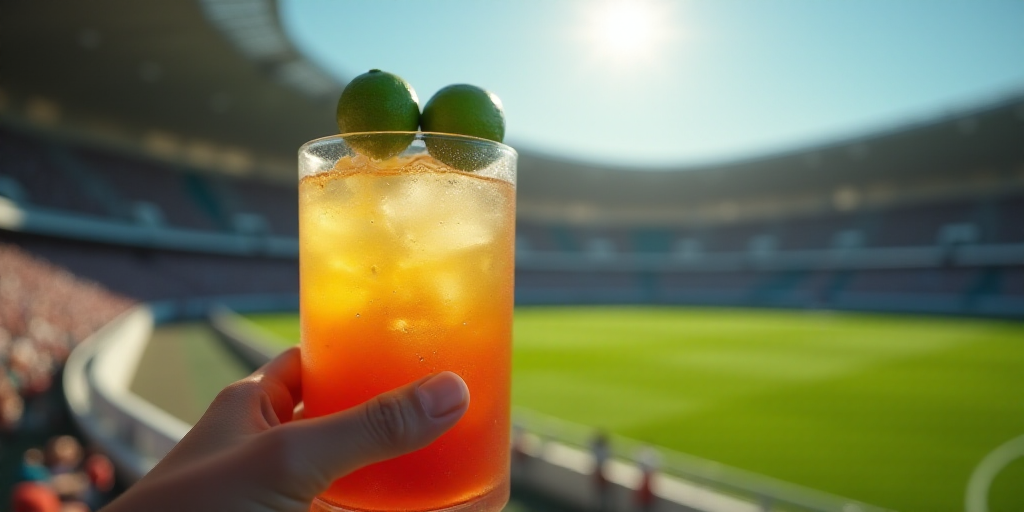 a person holding a glass with a drink in it with two limes on top of it in front of a stadium, Beepl