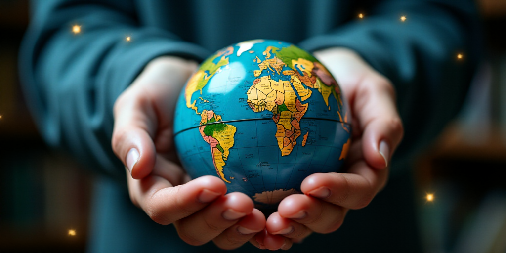 a person holding a globe in their hands with icons around it and a map of the world in the middle, E