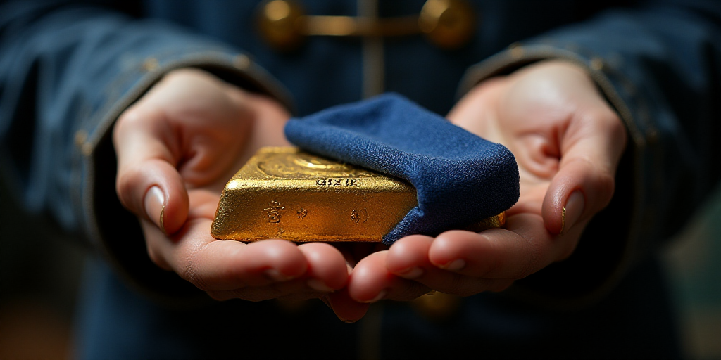 a person holding a gold bar in their hand and a blue cloth on top of it and a blue cloth on the othe