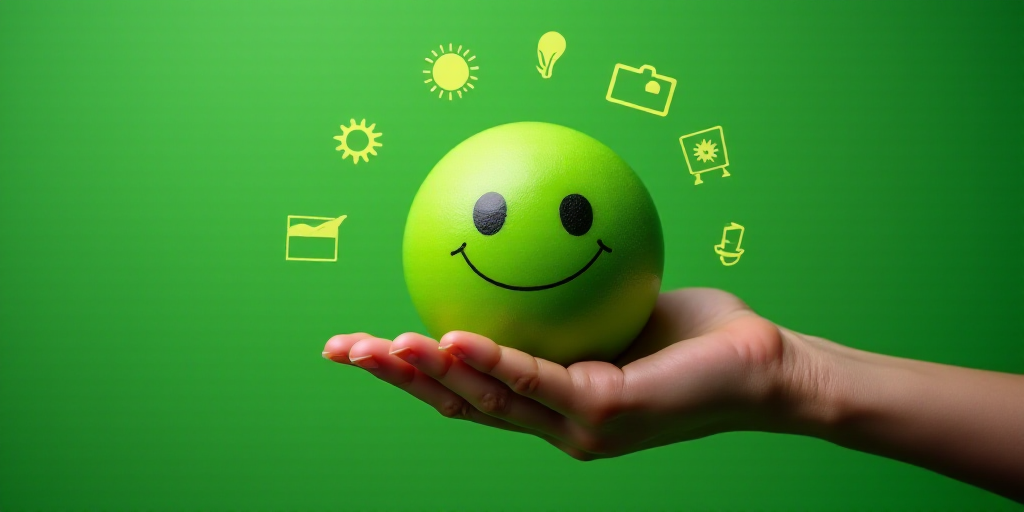 a person holding a green ball with a smiley face on it in their hand with icons surrounding it and a