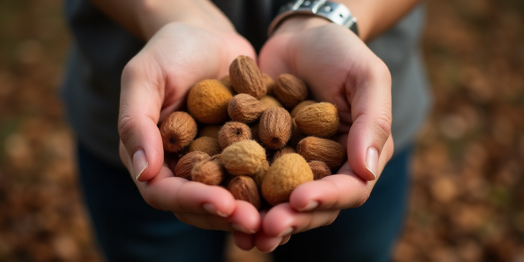 a person holding a handful of nuts in their hands, with a lot of nuts in the background,, Boetius Ad