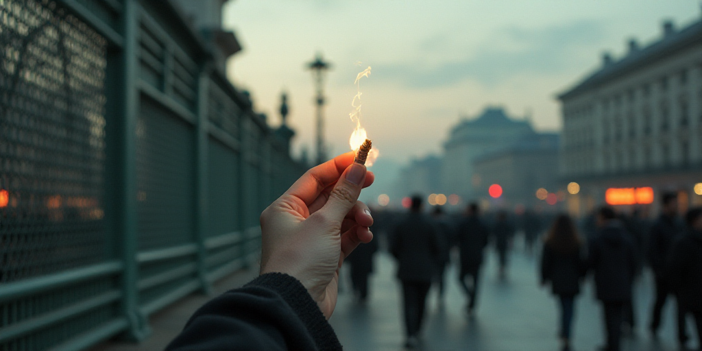 a person holding a lit cigarette in the air near a fence and a crowd of people on a street, Ai Weiwe