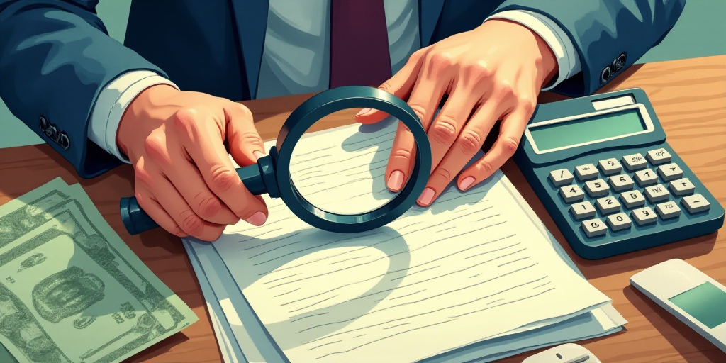 a person holding a magnifying glass over a paper with a lot of money on it and a calculator, Dahlov