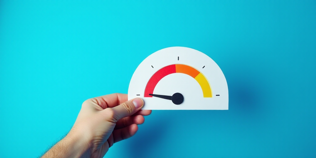 a person holding a paper cutout of a battery level gauge on a blue background with a red line, Évar
