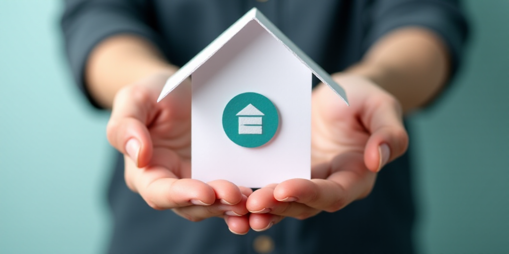 a person holding a paper house with a logo on it and two hands holding a paper house with a logo on