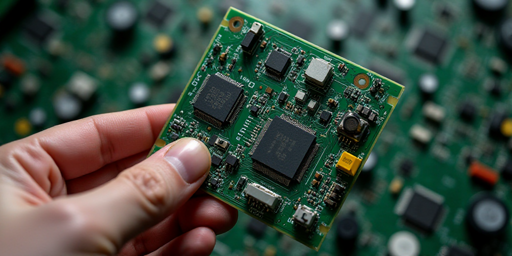 a person holding a piece of electronic circuit board in their hand with many pieces of electronic eq