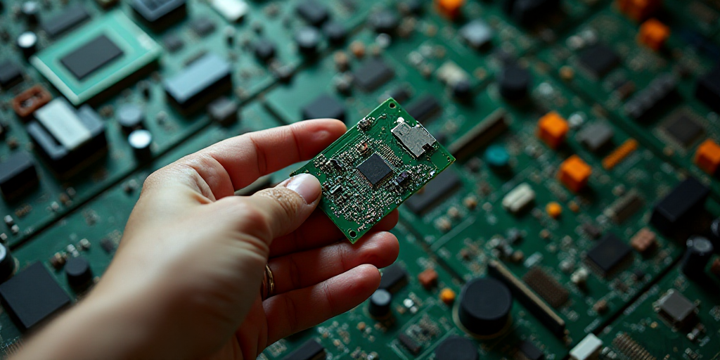 a person holding a piece of electronic circuit board in their hand with many pieces of electronic eq