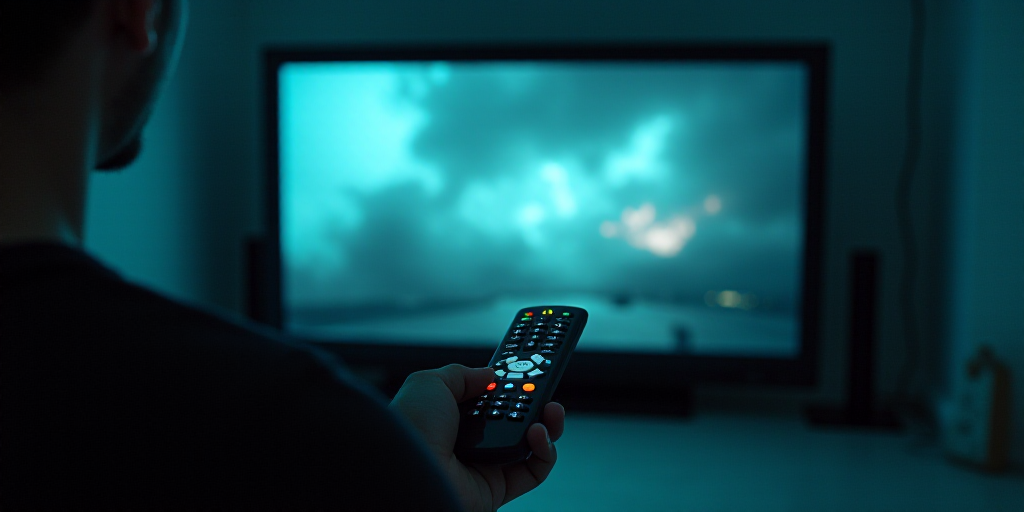 a person holding a remote control in front of a television screen with a television on it's side, Av