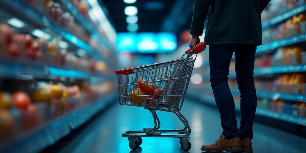 a person holding a shopping cart in a store aisle with a digital display of a stock chart in the bac