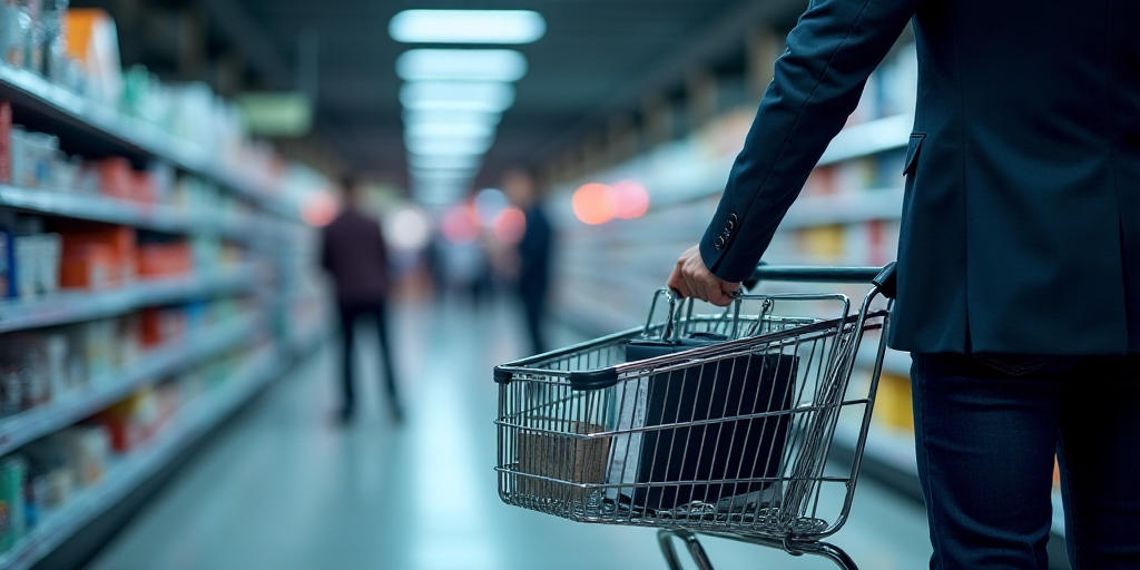 a person holding a shopping cart in a store aisle with a digital display of a stock chart in the bac
