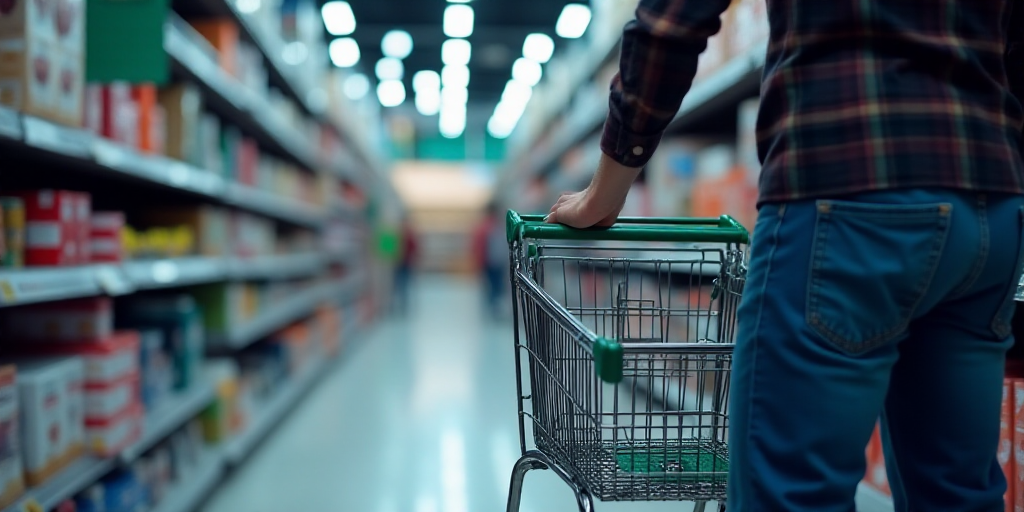 a person holding a shopping cart in a store aisle with a digital display of a stock chart in the bac