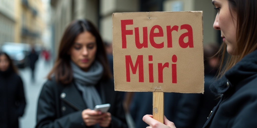 a person holding a sign that says fuera miri on it with a woman in the background holding a cell pho