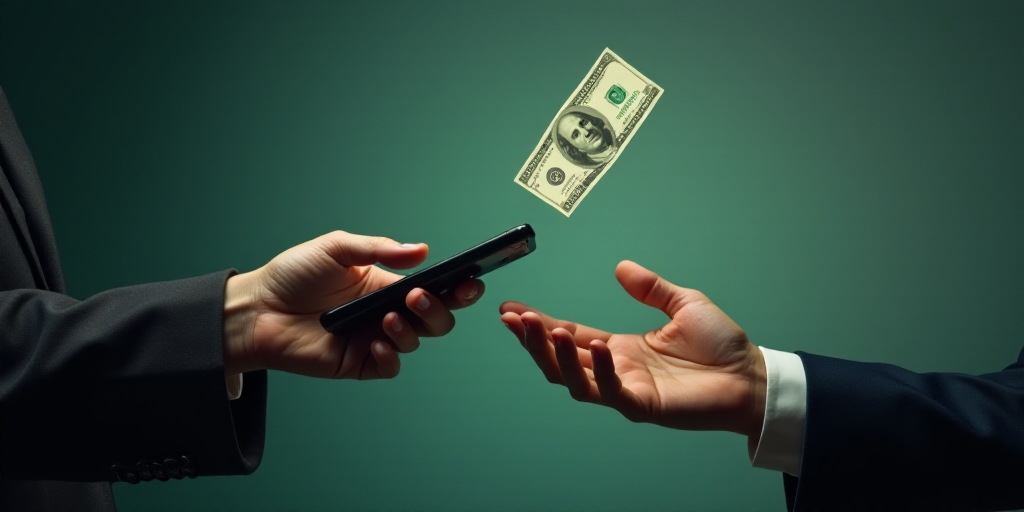 a person holding a smart phone and a green bill flying out of it to another person's hand, Avgust Č