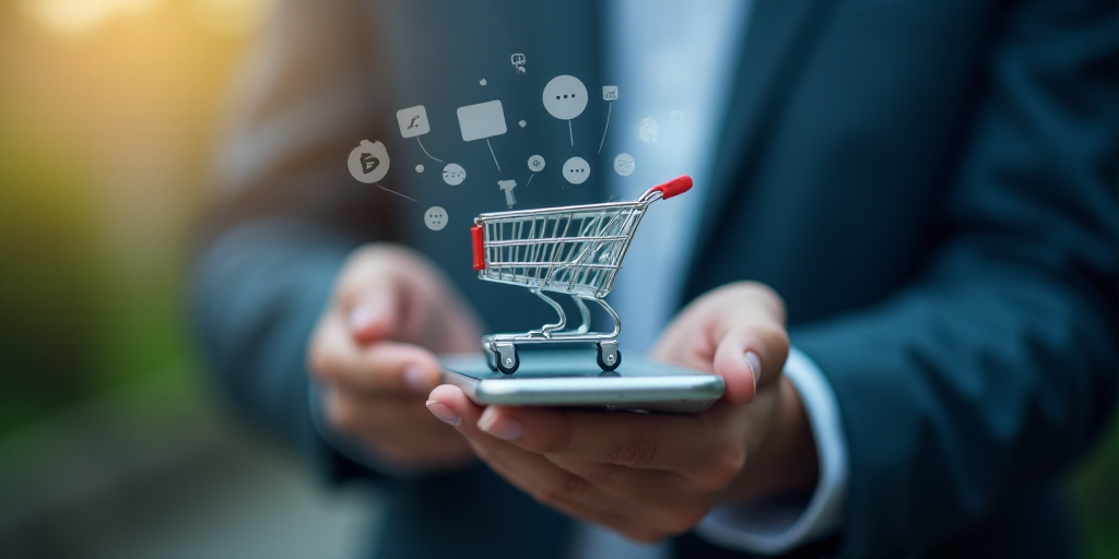 a person holding a smart phone with a shopping cart on it's screen and icons coming out of it, Andri