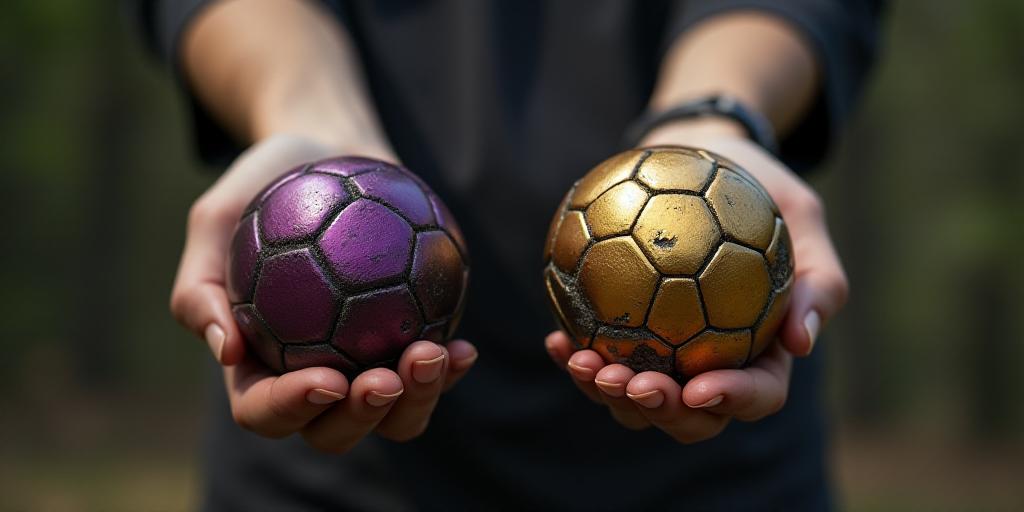 a person holding a soccer ball in their hand with a gold ball in the other hand and a purple ball in