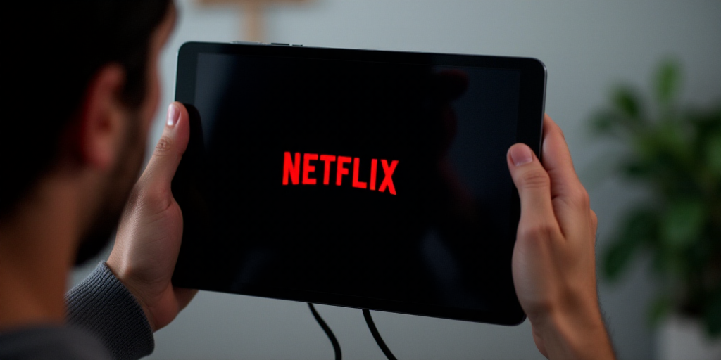 a person holding a tablet with the word netflix on it and a cord in their hand, with a red netflix l