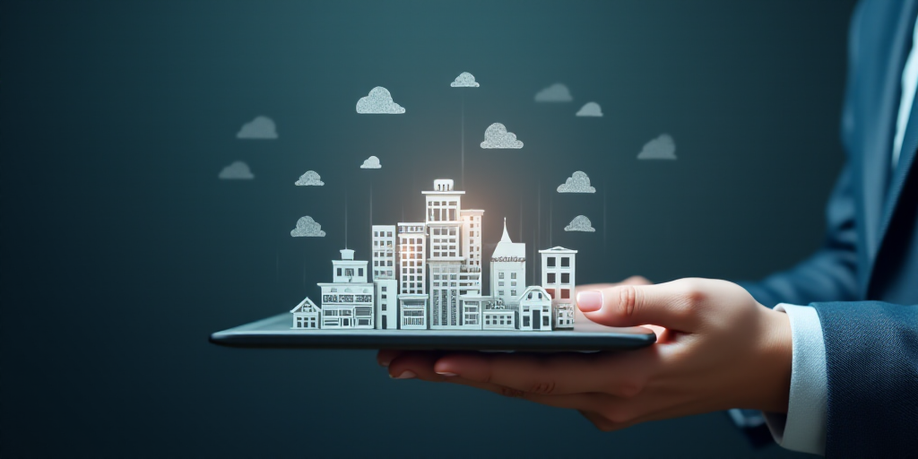 a person holding a tablet with a bunch of small buildings on it and a line of small shops on the scr