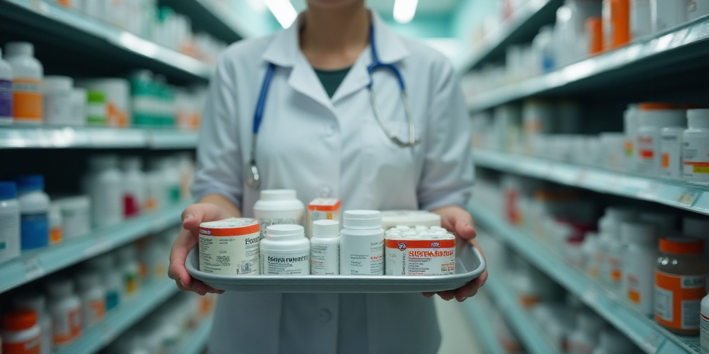 a person holding a tray of medicine in a store aisle with shelves of medicine and other medical supp